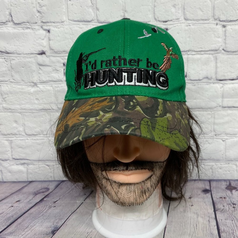 Camo Hat Cap Strap Back Brown Green I'd Rather Be Hunting Embroidered Camouflage